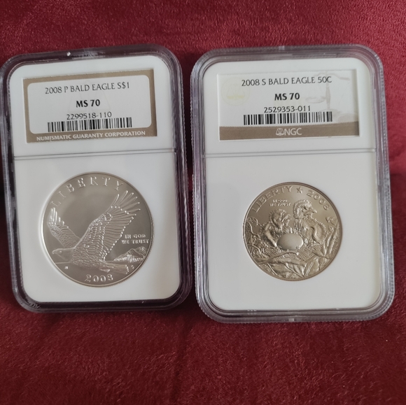 Set of 2 coins.2008 P 1.dll & 50c both ms70 $1 BALD EAGLE COMMEMORATIVE NGC MS70